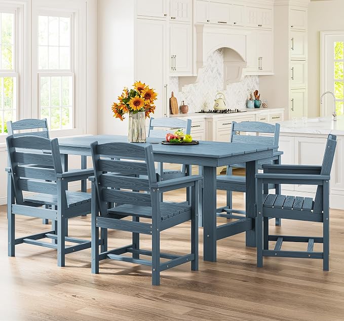 SERWALL 7-Piece Patio Dining Table Sets, Outdoor HDPE Dining Furniture Set with Umbrella Hole Cut-Out Table and 6 Chairs, Blue - Image 8