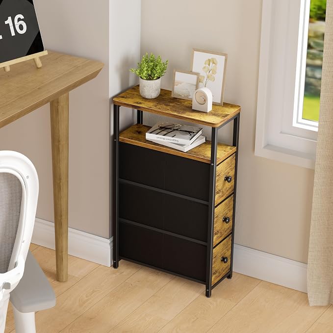 KLUVIS Narrow Night Stand Set 2 - Nightstand with 3 Drawers Skinny Bedsides Tables for Small Space Dresser for Bedroom Living Room Slim Side Table, Farmhouse Brown - Image 7