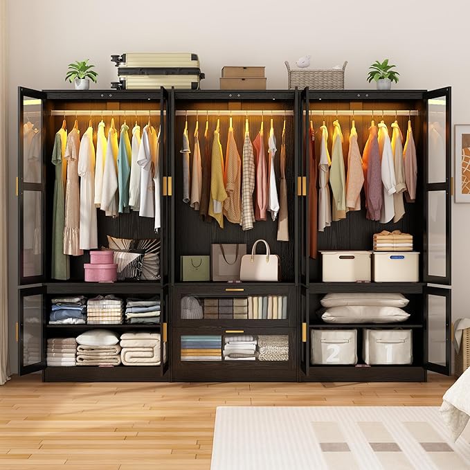 6 Doors Armoire Wardrobe Closet with LED and Mirror,71" H Freestanding Wooden Wardrobe Closet Cabinet for Bedroom w 2 Drawers,Wooden Clothing Storage Cabinet w Hanging Rod,Closets for Bedroom(Black)