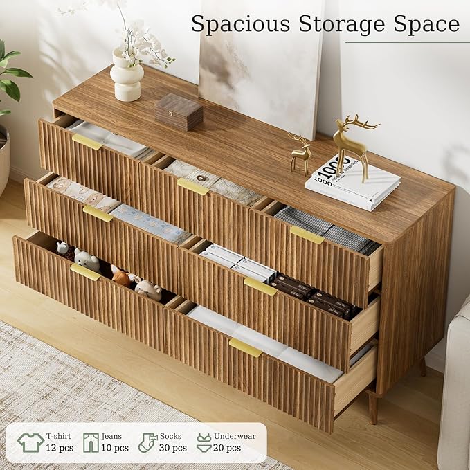 LYNSOM Fluted Dresser and Nightstand Set, 3 Pieces Bedroom Set, 55 Inch Wide 7-Drawer Dresser & 2-Drawer Nightstands Set of 2, Walnut Dressers Set for Bedroom, Hallway