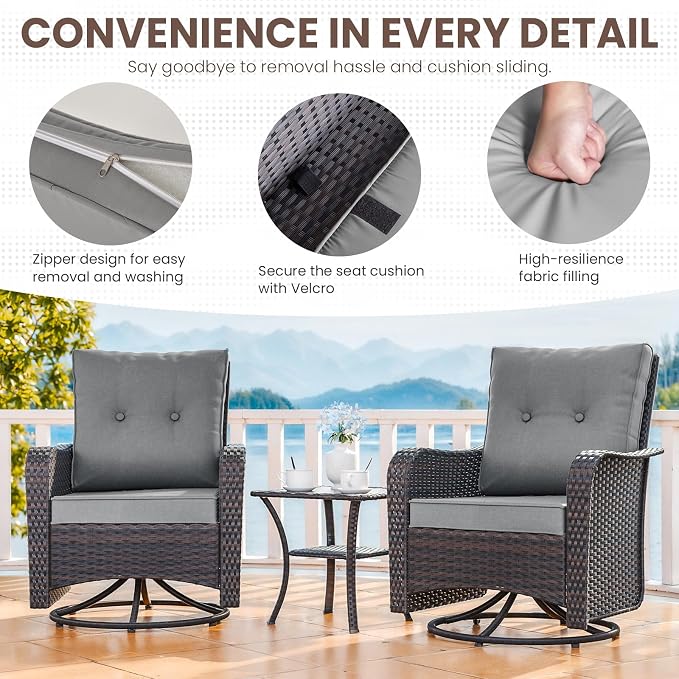 Gotland Outdoor Swivel Chairs Set of 2, 3 Pieces Patio Furniture Set with Thick Cushion, Wicker Rocking Patio Chairs Set of 2, Patio Bistro Set with Double-Layer Coffee Table for Balcony Porch Gray - Image 7