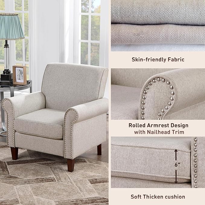 Prilinex Upholstered Living Room Chair Set of 2 - Large Comfy Fabric Accent Chair Single Sofa with Cushion, Rolled Armrest & Nailhead Trim, Mid Century Farmhouse Armchair for Bedroom, Office, Beige