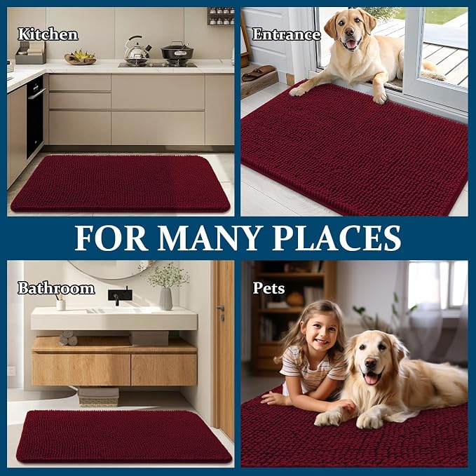 OLANLY Dog Door Mat for Muddy Paws 34x21, Absorbs Moisture and Dirt, Absorbent Non-Slip Washable Doormat, Quick Dry Chenille Mud Mat for Dogs, Entry Indoor Entryway Carpet for Inside Floor, Burgundy - Image 8