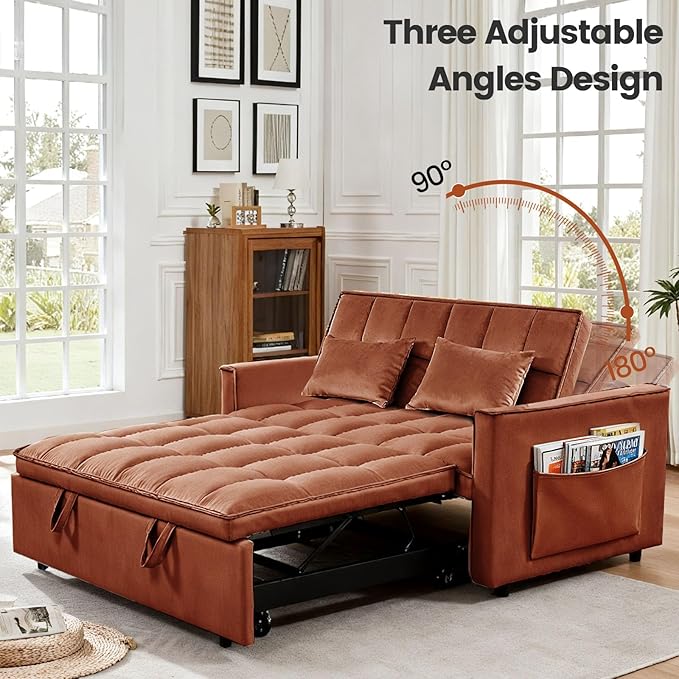 3 in 1 Convertible Sofa Bed, Velvet Fabric Loveseat Sleeper Couch, Modern Pull Out Couch with Side Pockets, Sleeper Sofa Bed with Adjustable Backrest for Living Room, Camel