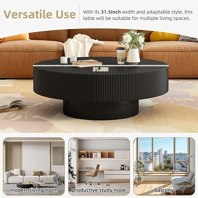 Merax Modern 31.5W Round Coffee Table with Sturdy Base, Wood Sofa Center Tables for Living Room, Reception Room, Easy Assemble, Black