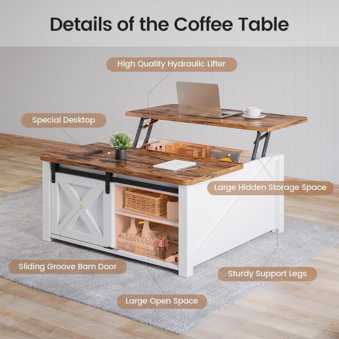 SEDETA 31.5" Lift Top Coffee Table with Storage, Square Coffee Tables for Living Room, Farmhouse Coffee Table with Large Hidden Storage Compartment and Adjustable Shelves, White