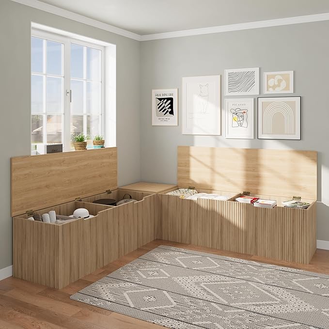 Bobve L-Shape Storage Bench with Cushion, Backless Corner Dining Bench, Kitchen Dining Nook Bench with Hidden Storage for Dining Room, Kitchen, Entryway (Natural Wood) - Image 3