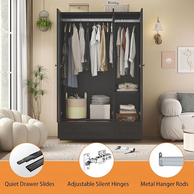 Armoire Wardrobe Closet with Drawers: 74" Black Wardrobe Closet with 3 Doors, Bedroom Armoires with 2 Drawers, Wood Closets Cabinet for Hanging Clothes (Black, 47")