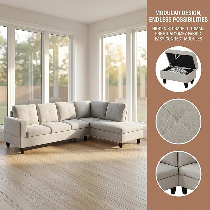 NicBex Modular L-Shaped Sectional Couches, 3-Piece Convertible Couch with Storage Ottoman, 4-Seat Comfy Sofa with Chaise for Living Room & Apartment, Light Sand