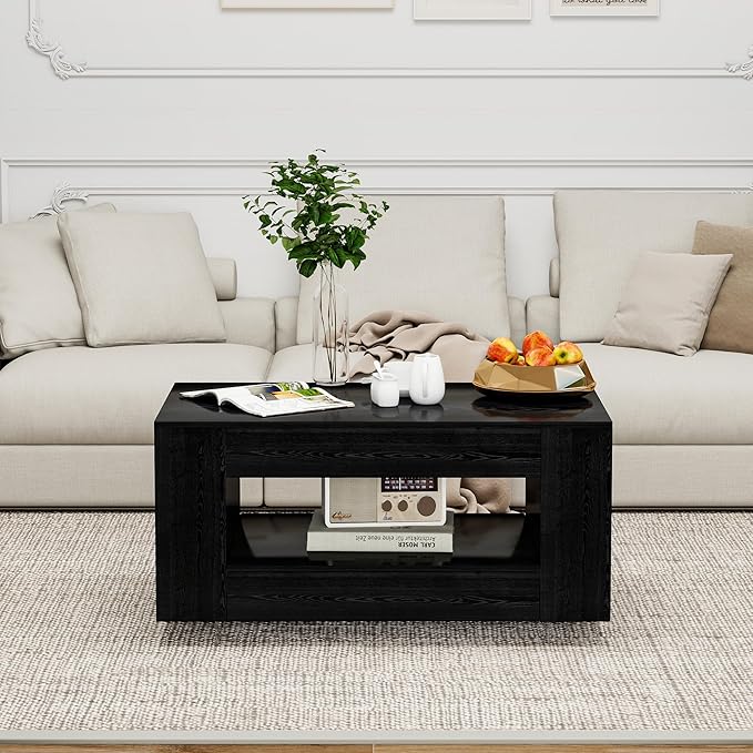 35" Wood Coffee Table for Living Room, Sides Storage with Transparent Legs, Minimalist Modern 2-Tier Storage Shelf Center Table for Home Office, Apartment, Black
