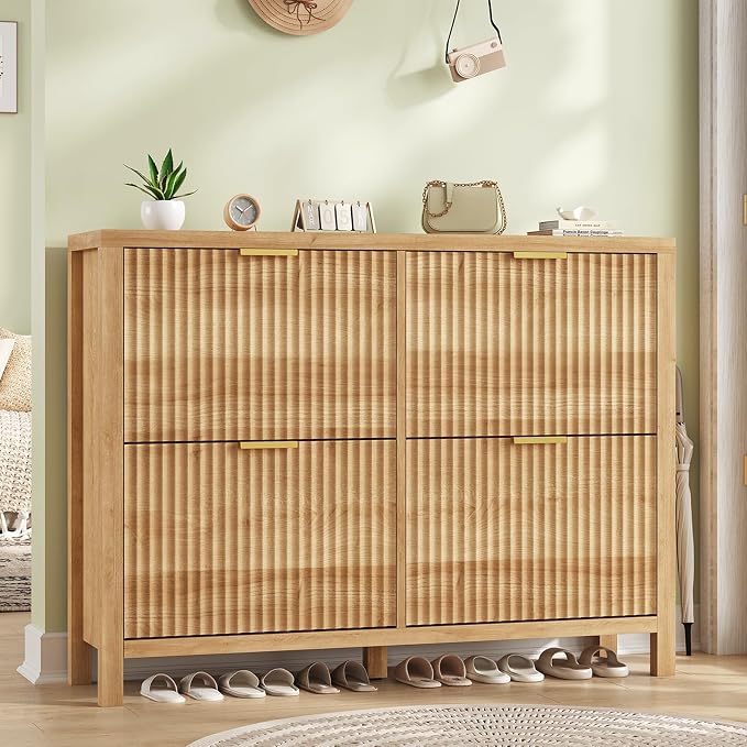 YOMILUVE Shoe Cabinet Storage for Entryway, Fluted Shoe Cabinet with 4 Flip Drawers, Hidden Shoe Rack Freestanding Wooden Shoe Organizer with Legs for Hallway, Oak by YomiluveDesign