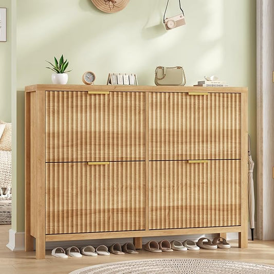 YOMILUVE Shoe Cabinet Storage for Entryway, Fluted Shoe Cabinet with 4 Flip Drawers, Hidden Shoe Rack Freestanding Wooden Shoe Organizer with Legs for Hallway, Oak by YomiluveDesign
