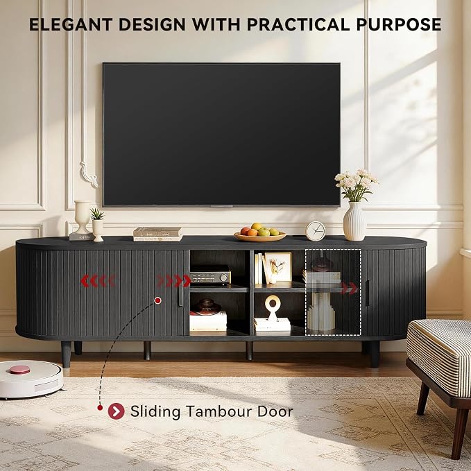 70" Mid Century Modern TV Stand with Power Outlet, Fluted Entertainment Center with Storage and Adjustable Shelves, Wood TV Console with Sliding Doors for Living Room, Black - Image 4