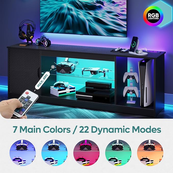 Bestier TV Stand with Power Outlets for Bedroom, Gaming TV Stand for 65inch TV, Black Entertainment Center for PS5, TV Console with Adjustable Glass Shelves for Living Room, Black - Image 3