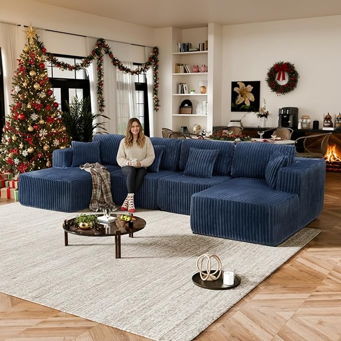 132" U Shaped Boneless Couch, Cloud Sectional Modular Sofa with Double Chaise Lounge, Corduroy Cloud Couch with Pillows & Deep Seat, Boneless Sofa for Living Room, Blue