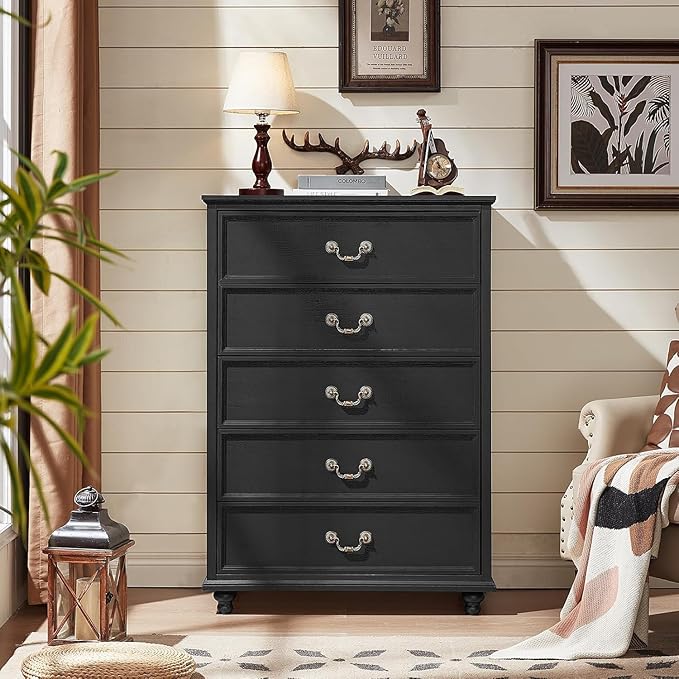 Joaxswe 24" Wide Farmhouse Nightstand with Charging Station Set of 2, 45" Tall Rustic Chests of 5 Drawers w/ 4 Solid Wood Feet, Farmhouse Furniture Series for Living Room,Bedroom,Black