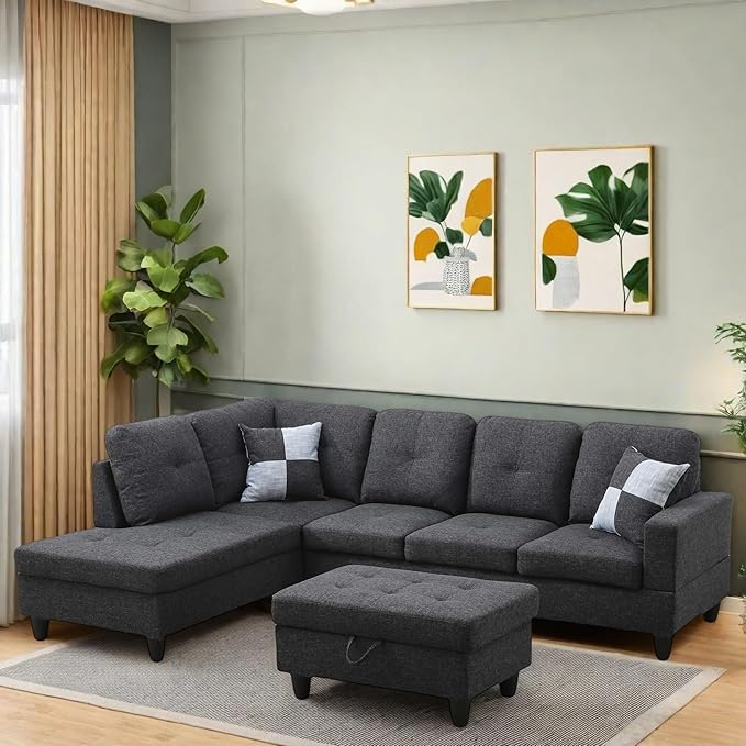 Sectional Couches for Living Room Furniture Sets, 4 Seat U Shaped Sectional Couch with Storage, Adjustable Couch with Armrests and Ottoman for Apartment, Grey