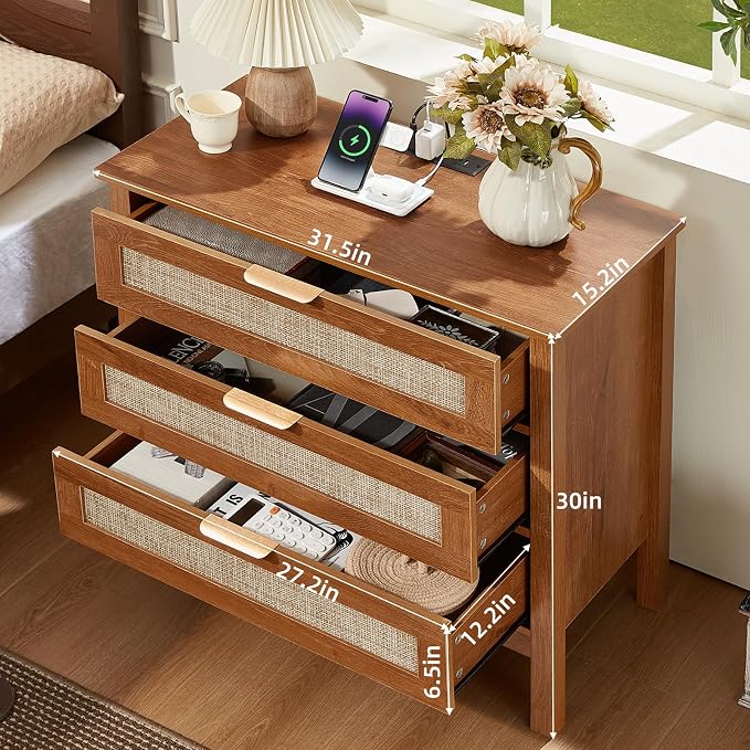 LEYAOYAO 31.5" Wide Rattan Nightstands Set of 2 with Charger Station, Large Boho 3 Drawer Night Stand, Teac Brown Bedside Table with Storage, Bed Side End Tables for Bedroom, Living Room, Hallway - Image 2