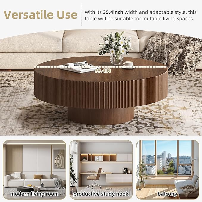 Merax Modern 35.4 Inch Round Large Coffee Table with Sturdy Base, Wood Center Table with 6.8" Thick Tabletop for Living Room Reception Room, Easy Assemble, Walnut