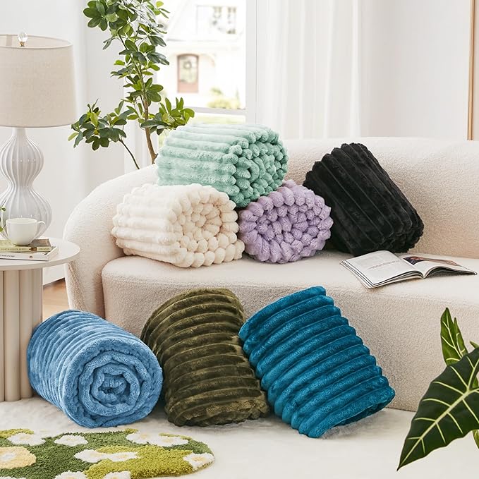EXQ Home Fleece Throw Blanket for Couch or Bed - 3D Stripe Jacquard Decorative Blankets - Cozy Soft Lightweight Fuzzy Flannel Blanket Suitable for All Seasons(50"??60",Blue)
