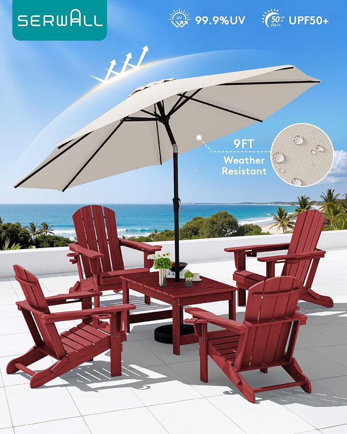 SERWALL Outdoor Coffee Table with 9FT Umbrella, HDPE Patio Coffee Table for Outside, Rectangle, Red(Not Include Umbrella Base) - Image 6