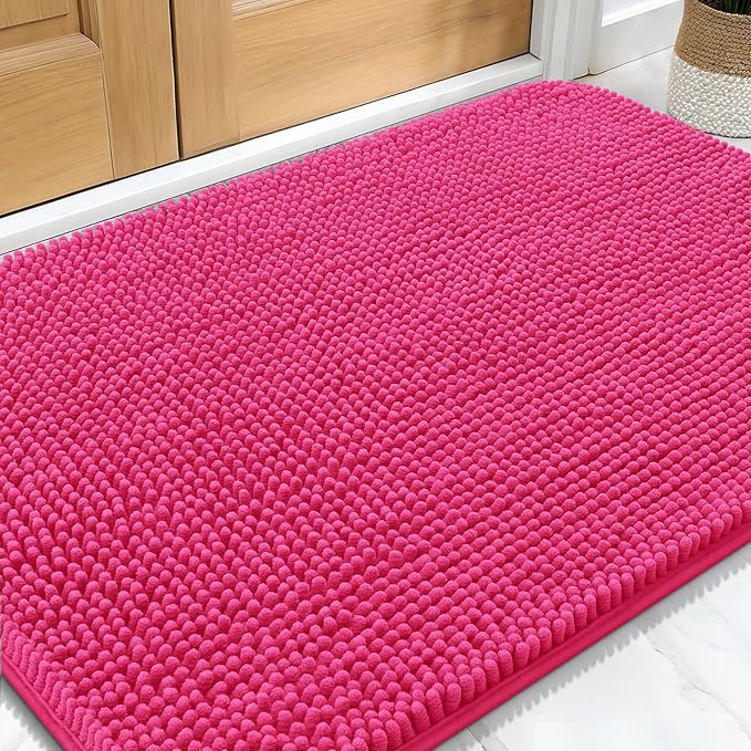 OLANLY Dog Door Mat for Muddy Paws 34x21, Absorbs Moisture and Dirt, Absorbent Non-Slip Washable Doormat, Quick Dry Chenille Mud Mat for Dogs, Entry Indoor Entryway Carpet for Inside Floor, Hot Pink by OLANLY