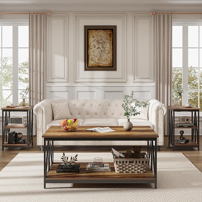 Bigbiglife Living Room Coffee Table Set of 3, Industrial X-Design Coffee Table and 2 End Side Tables, 3 Piece Living Room Table Set with Large Storage for Apartment Home (Wood Grain)