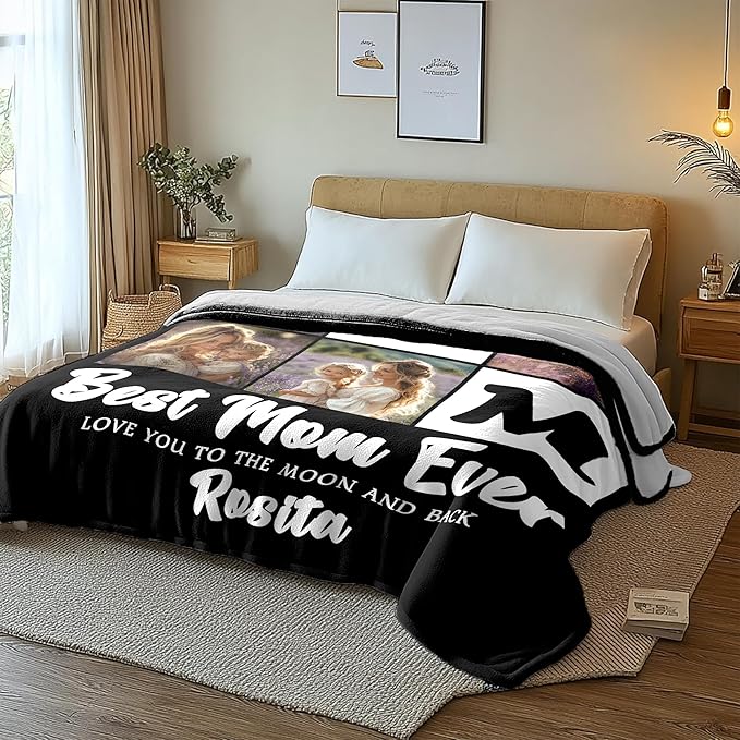 Personalized Mothers Day Birthday Gifts for Mom From Daughter Son Kids, Best Mom Ever Custom Blanket with Photos Text, Personalized Christmas Valentines Day Unique Gifts for Wife From Husband