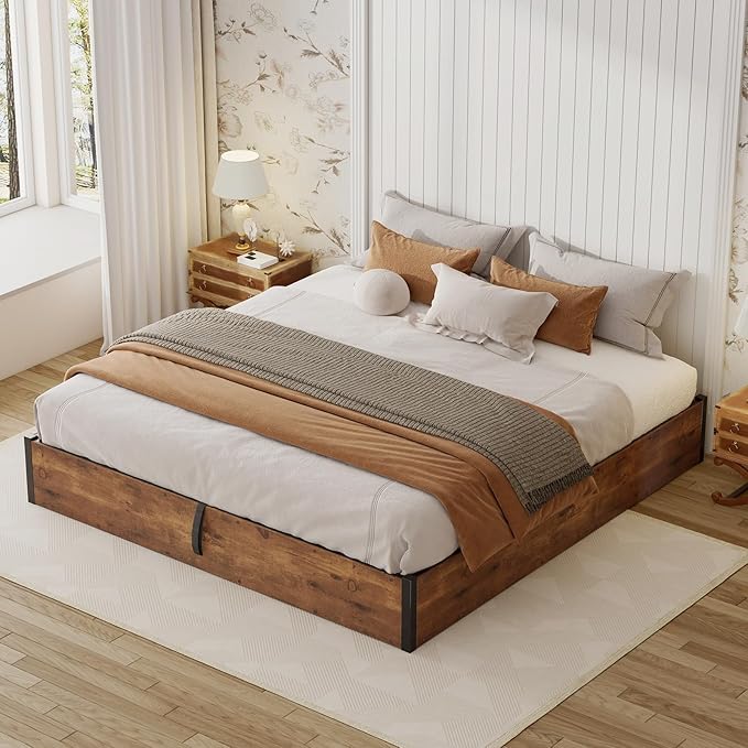 LUXOAK 3 Pieces Bedroom Sets, Includes Full Size Lift Up Storage Platform Bed Frame, 2 Drawers Farmhouse Nightstand Set of 2 with Charging Station, No Box Spring Needed, Rustic Brown
