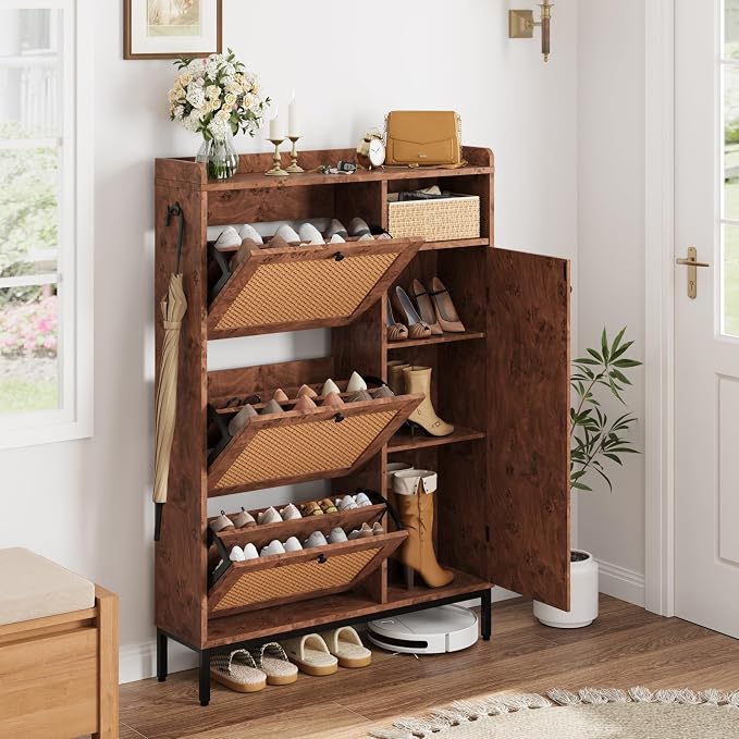 GarveeHome Shoe Cabinet Rattan with 3 Flip Drawers and 4-Tier Shoe Storage Cabinet, Freestanding Shoe Organizer with Adjustable Shelves for Entryway, Closet, Hallway (Tree Pomegranate) by GarveeHome