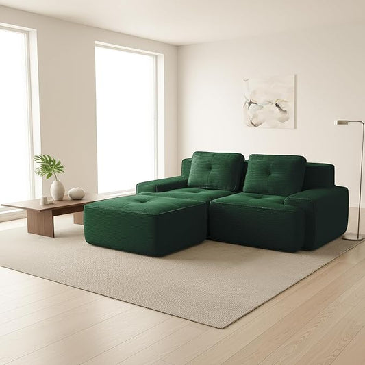 Casaphoria 80" Green Corduroy Cloud Couch, Boneless Modular Sectional Sofa for Living Room with Deep 2-Seat & 1-Ottoman, L Shape Cloud Couch No Assembly Required
