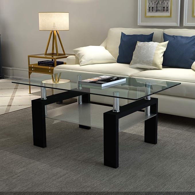 IANIYA Rectangle Glass Coffee Table, Living Room Table with Black Metal Legs & Tempered Glass, Modern Center Table for Bedroom Small Space