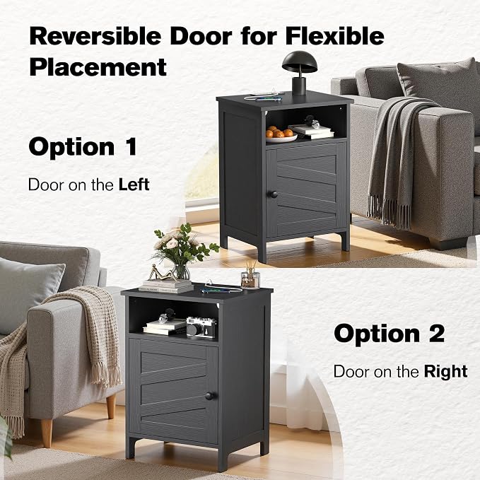 Nightstands Set of 2 with Charging Station, Farmhouse Night Stand with Open Shelf, Bedside Tables with Enclosed Cabinet, Wooden End Table with USB Ports & Outlets for Bedroom - Image 7
