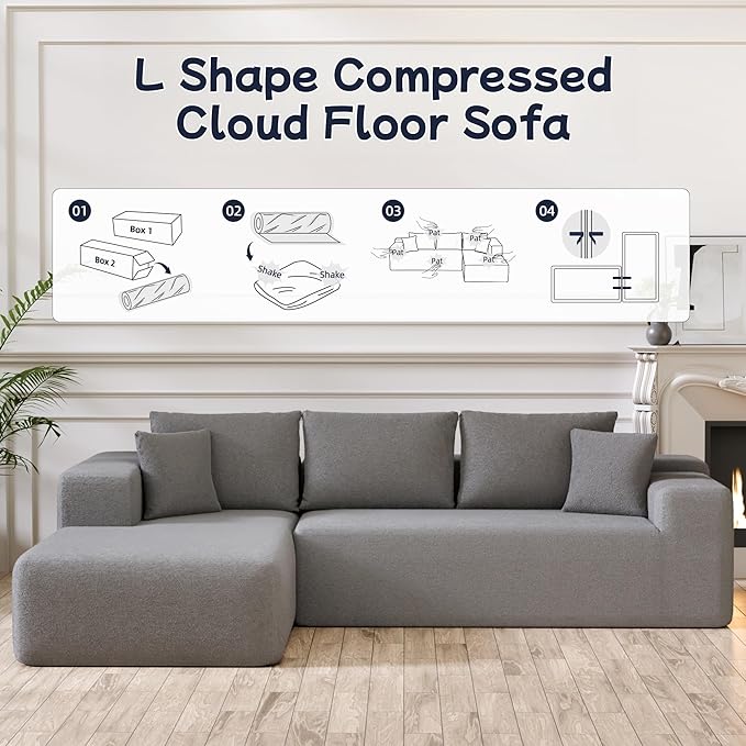 104” Sectional Cloud Couch, L-Shape Compressed Sofa with Right Chaise Lounge, Modular Cloud Couch with 2 Pillows & Deep Seat, Rain Drop Velvet Floor Sofa for Living Room, Light Gray