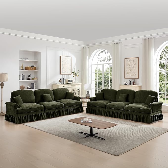 KEIKI Mid Century Modular Sofa with Flared Arms and Skirted Design, 107” Oversized 3-Seater Luxury Chenille Sectional Couches Set for Living Room, Modern Comfy for Big Living Spaces, Green
