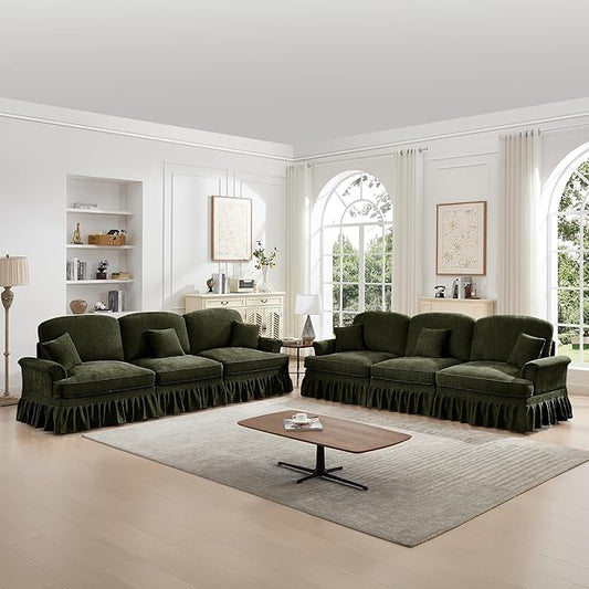 KEIKI Mid Century Modular Sofa with Flared Arms and Skirted Design, 107” Oversized 3-Seater Luxury Chenille Sectional Couches Set for Living Room, Modern Comfy for Big Living Spaces, Green