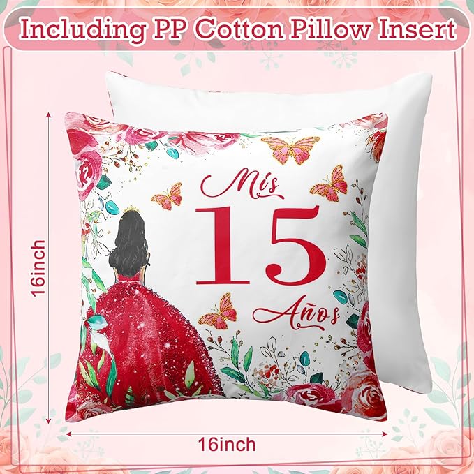 Kathfly Cojines para 15 Años De Quinceañera Decoration 16 x 16 Inche Red Quinceañera Pillow Gifts Mis Xv Años Throw Pillow Sweet for Daughter Sister Friend 15th Birthday Gifts