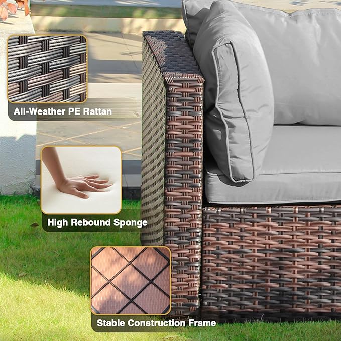 13 Piece Patio Furniture Set All Weather PE Rattan Outdoor Sectional Sofa Couch with No-Slip Cushions and Glass Top Table for Garden, Poolside, Backyard (Gray)