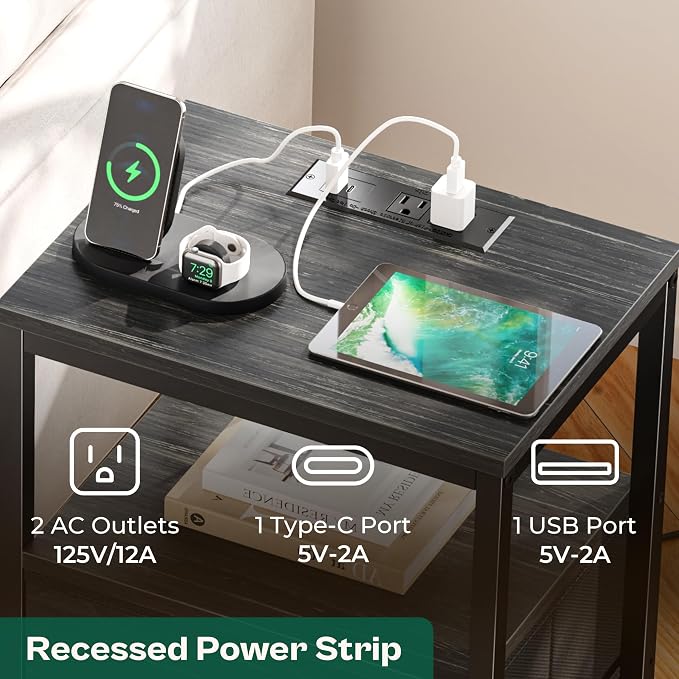 Huuger Nightstand with Charging Station, 27.6 Inch End Table Bedside Table with USB Ports and Outlets, Night Stand for Bedroom, Fabric Drawers, Charcoal Black Wood Grain Print - Image 4