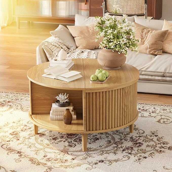 Lift Top Coffee Table with Storage, Fluted Round Center Table with Sliding Cabinet Door, Small Circle Table for Living Room, Natural Oak