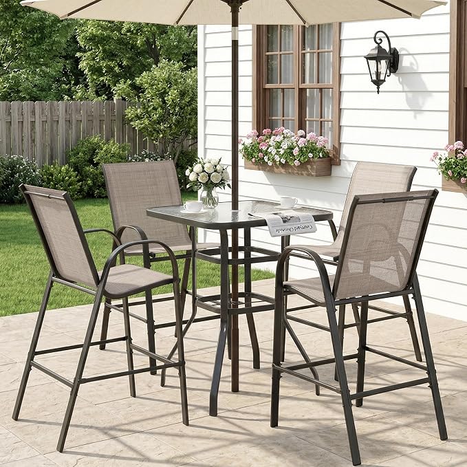 HOMREST Outdoor Bar Height Stools Set of 5,4 High Back Patio Bar Chairs with Outdoor High Top Table,All Weather Outdoor High Top Bistro Set Furniture for Patio,Balcony,Taupe - Image 2