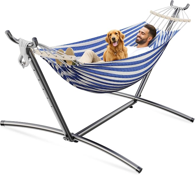 ANAGOO Double Hammock, Heavy Duty Portable, 500 lb Weight Capacity, Perfect for Both Indoors and Outdoors, 2 Person Hammock with Carrying Bag, Blue White by ANAGOO
