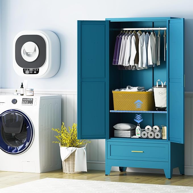 Metal Armoire Wardrobe Closet with Drawers, 71" Wardrobe Cabinet with Adjustable Shelves and Hanging Rod for Bedroom, Blue Metal Closet Storage Cabinet with 2 Doors & 1 Drawer