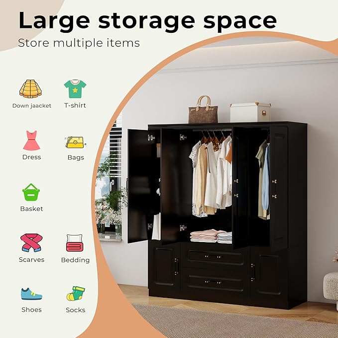 GraceGrove Armoire Wardrobe Closet with 4 Doors and 2 Hanging Rods, Armoire Wardrobe Closet Cabinet with 2 Drawers, Wood Closet Storage Wardrobe, Tall Armoires and Wardrobes Cabinet Black