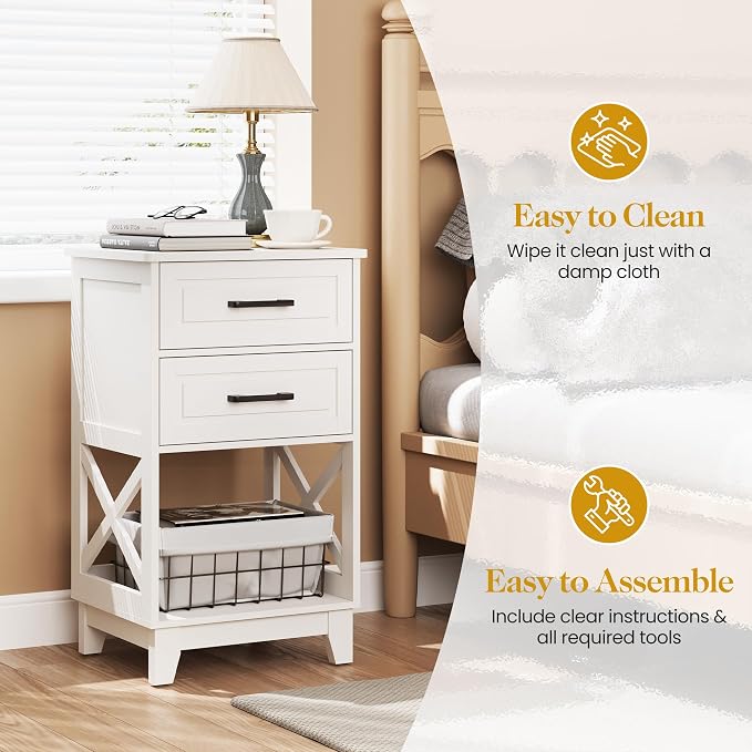 RoyalCraft 30" Tall Nightstand, Modern Painted Bedside Table with 2 Drawers and Open Shelf, Wood Side Table for Bedroom, Home Office, White-Open Shelf Below, Set of 2 - Image 4