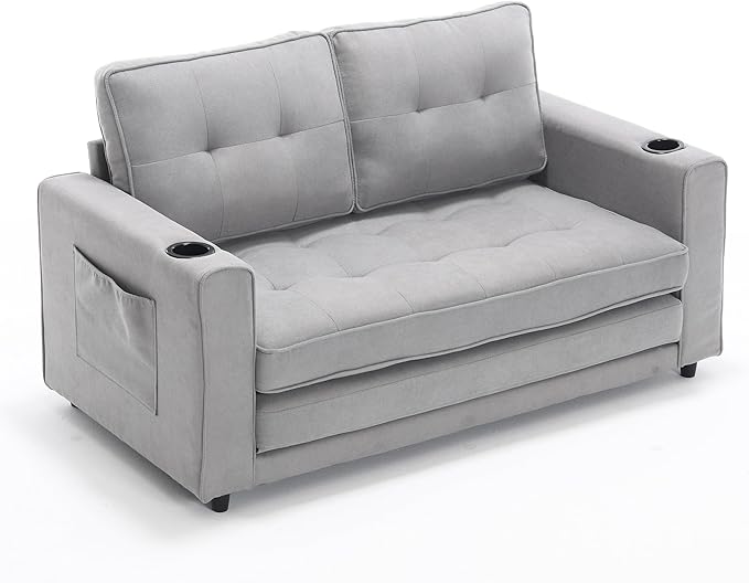 ERYE Foldable Loveseat Sofa Convertible Pull Out Sleeper Sofabed,2 Seat Tufted Upholstered Sofa Modern Convertible Sleeper Couch Bed with Cupholders and Side Pockets