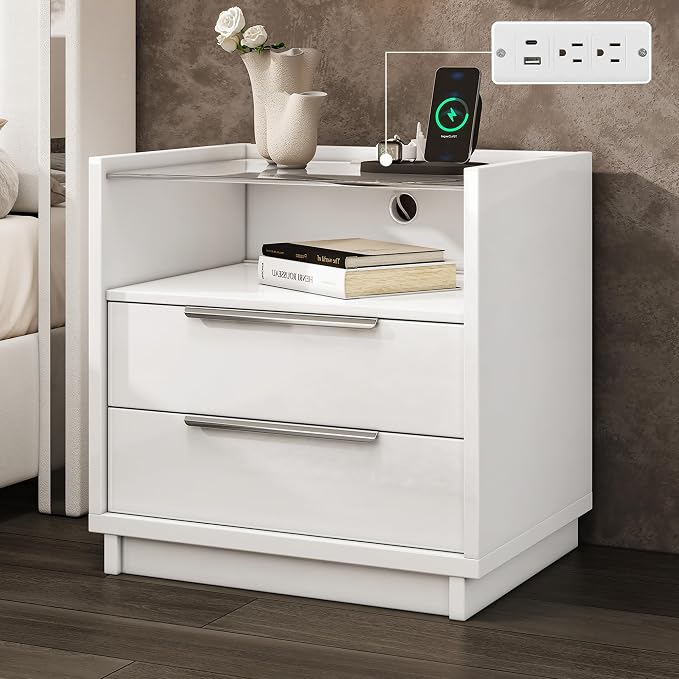 AMERLIFE Nightstand, 23.6" End Table with Charging Station, Modern High Gloss Bedside Table with Glass Top, Spacious Drawers & Open Shelf, Easy Assembly, Bedroom Storage, White by AMERLIFE