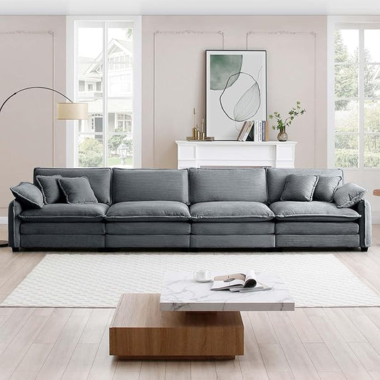 KEIKI 150" Oversized Corduroy Modular Sectional Cloud Sofa with High-Density Foam Cushions, Removable Armrests, Upholstered Modern 4-Seater Fluffy Corner Couch with 6 Pillow, for Living Room, Grey