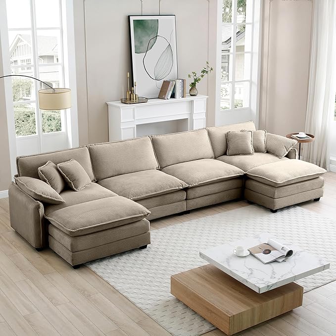 KEIKI 150" U-Shaped Oversized Corduroy Modular Sectional Sofa with 2 Ottoman, High-Density Foam Cushions, Removable Armrests, Upholstered 4-Seater Corner Couch with 6 Pillow, for Living Room, Tan