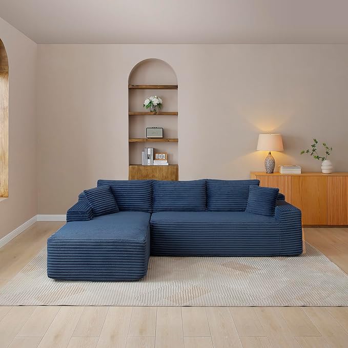 105-Inch L-Shaped Left Facing Corner Compressed Sofa Modular Sectional Boneless Cloud Sofa Floor Foam Couch with Chaise Lounge, Corduroy Corner Boneless Cloud Couch